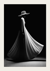 Silhueta preta e branca de mulher com vestido branco largo e chapéu-5