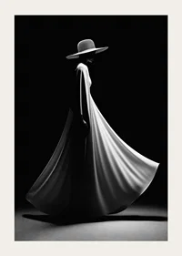 Black and white silhouette of woman in wide white dress and hat-5