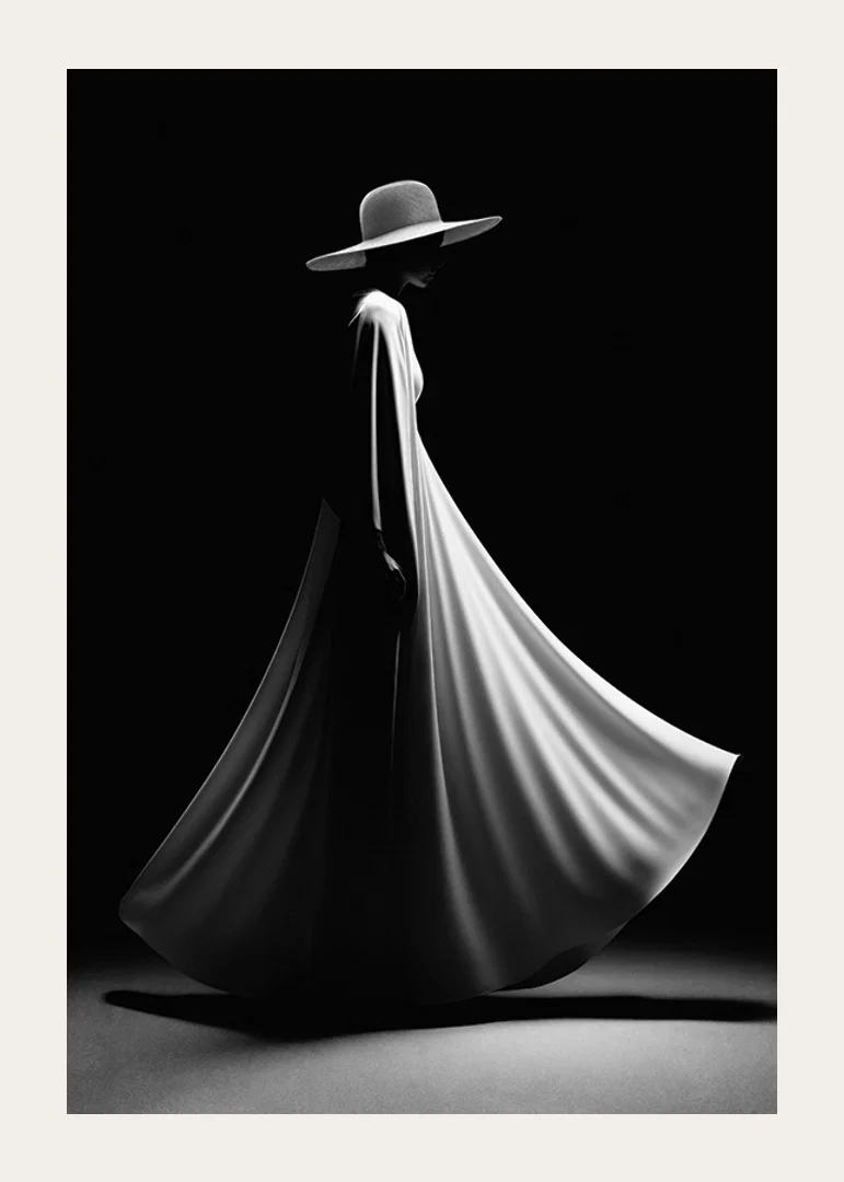 Black and white silhouette of woman in wide white dress and hat-12