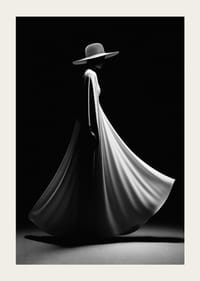 Czarno-biała sylwetka kobiety w szerokiej białej sukni i kapeluszu-5