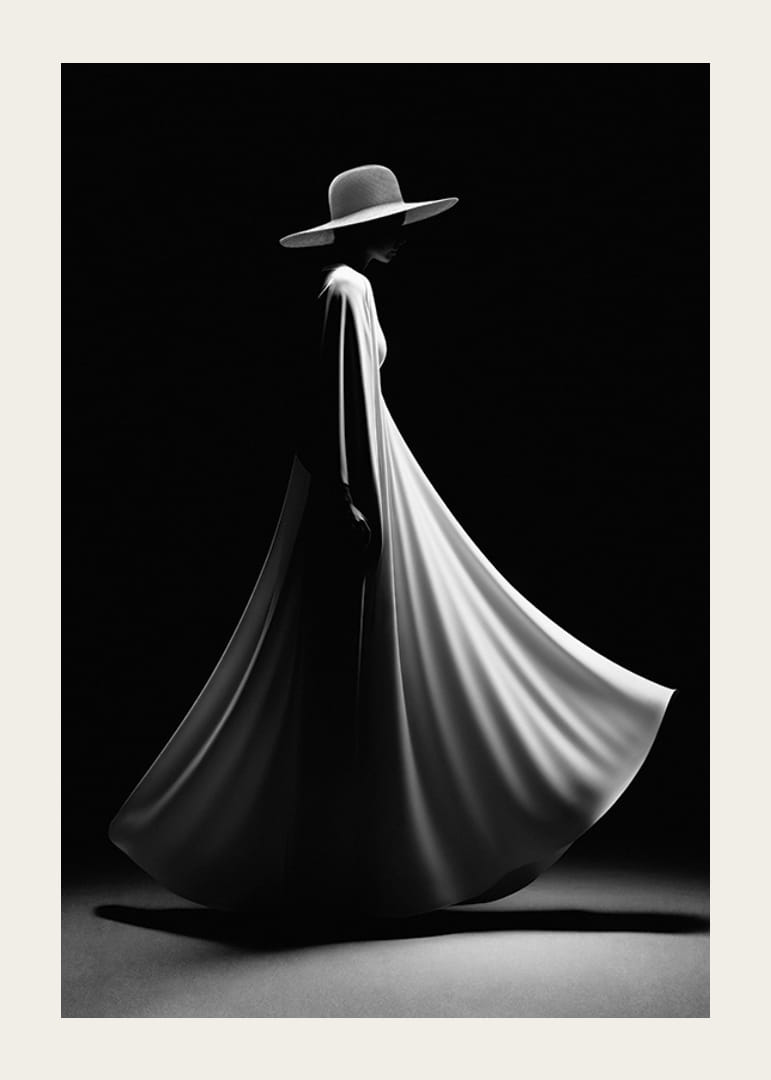 Czarno-biała sylwetka kobiety w szerokiej białej sukni i kapeluszu-12