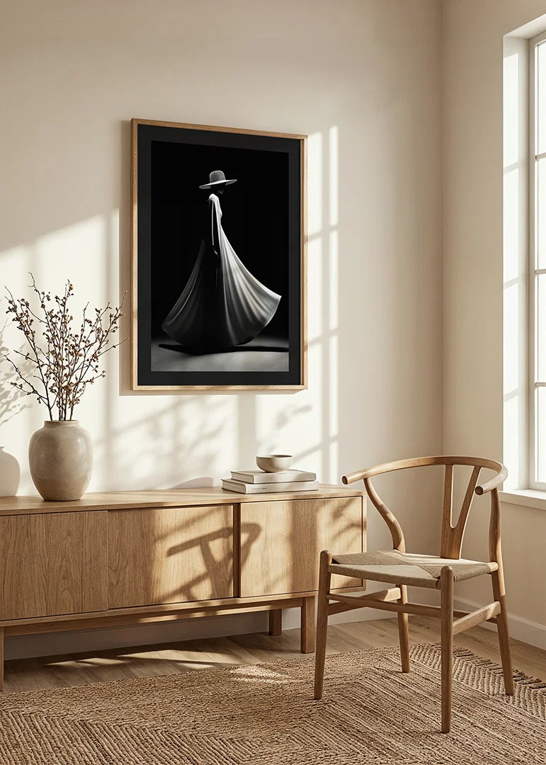 Black and white silhouette of woman in wide white dress and hat-12