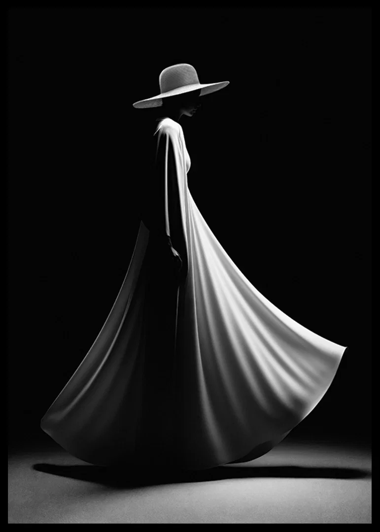 Black and white silhouette of woman in wide white dress and hat-12