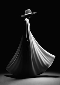 Silhueta preta e branca de mulher com vestido branco largo e chapéu-7