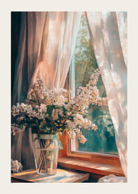 Oil painted bouquet of lilacs in glass vase by sunny window-3