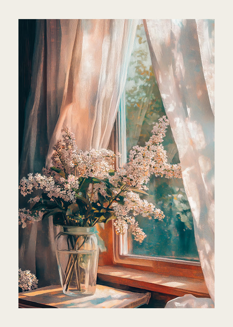 Oil painted bouquet of lilacs in glass vase by sunny window-12