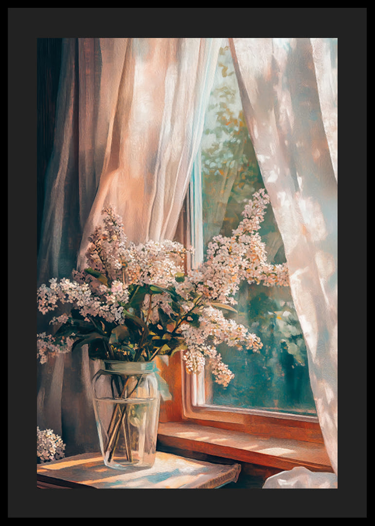 Oil painted bouquet of lilacs in glass vase by sunny window-12