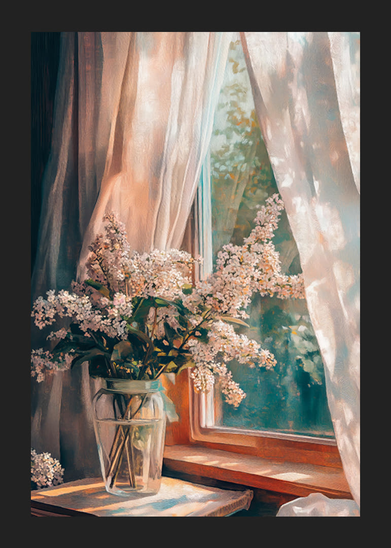 Oil painted bouquet of lilacs in glass vase by sunny window-12