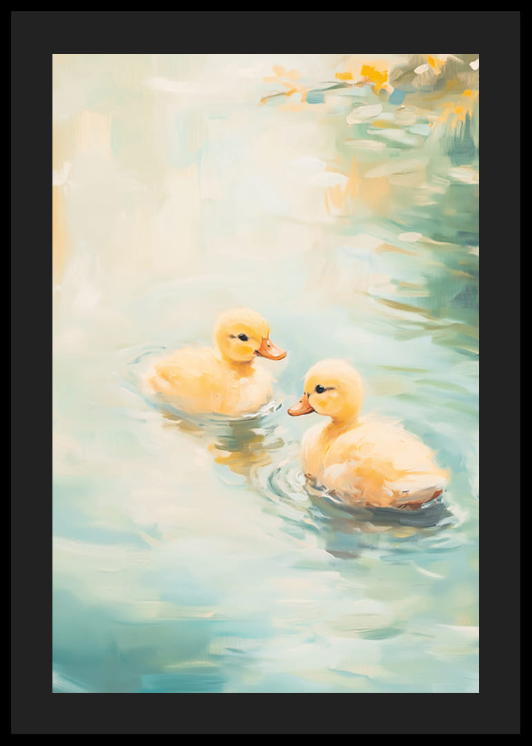 To gule andunger svømmer i mykt lys på blågrønt vann-12