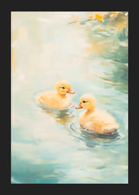 To gule andunger svømmer i mykt lys på blågrønt vann-5