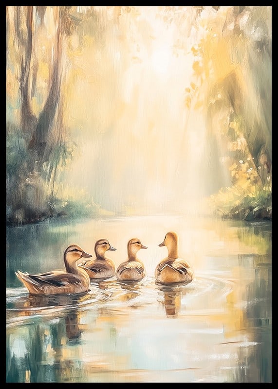 Four ducks swimming in a sunlit forest setting, oil painting style-12