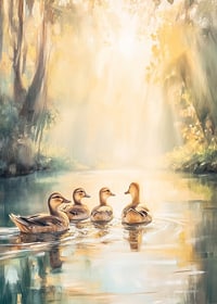 Four ducks swimming in a sunlit forest setting, oil painting style-7