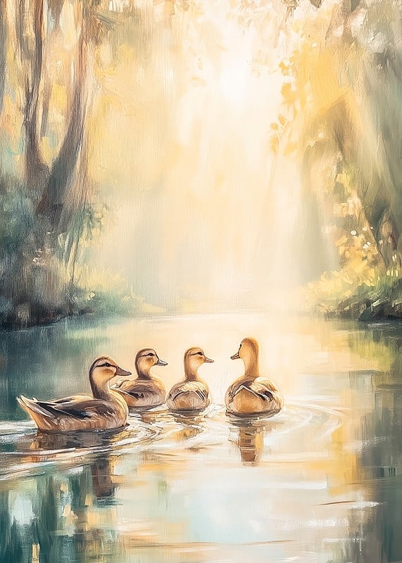 Four ducks swimming in a sunlit forest setting, oil painting style-12