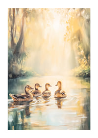 Four ducks swimming in a sunlit forest setting, oil painting style-1