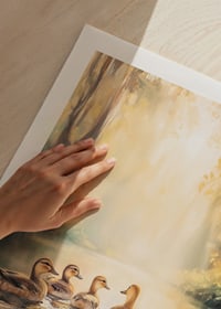 Four ducks swimming in a sunlit forest setting, oil painting style-9