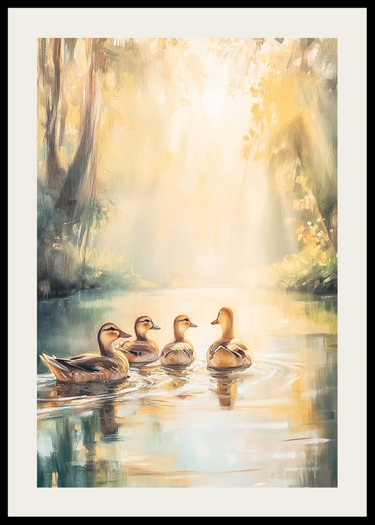 Four ducks swimming in a sunlit forest setting, oil painting style-12