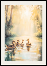 Fire ender som svømmer i en solfylt skogsetting, oljemaleristil-2