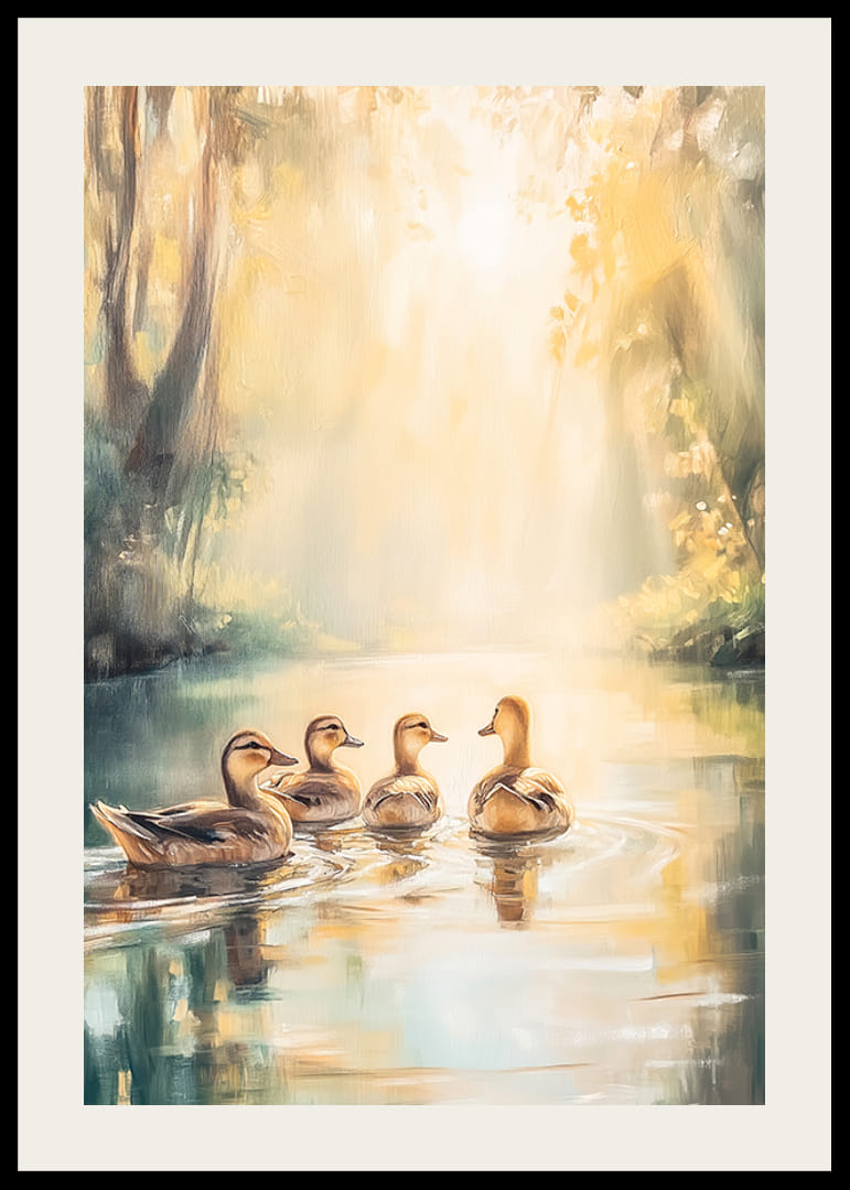 Fire ender som svømmer i en solfylt skogsetting, oljemaleristil-12