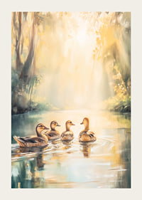 Four ducks swimming in a sunlit forest setting, oil painting style-3