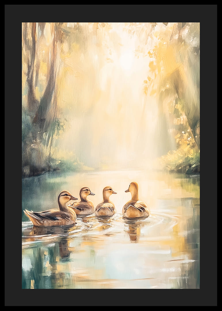 Fire ender som svømmer i en solfylt skogsetting, oljemaleristil-12