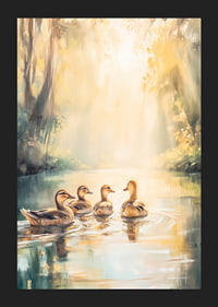 Four ducks swimming in a sunlit forest setting, oil painting style-5