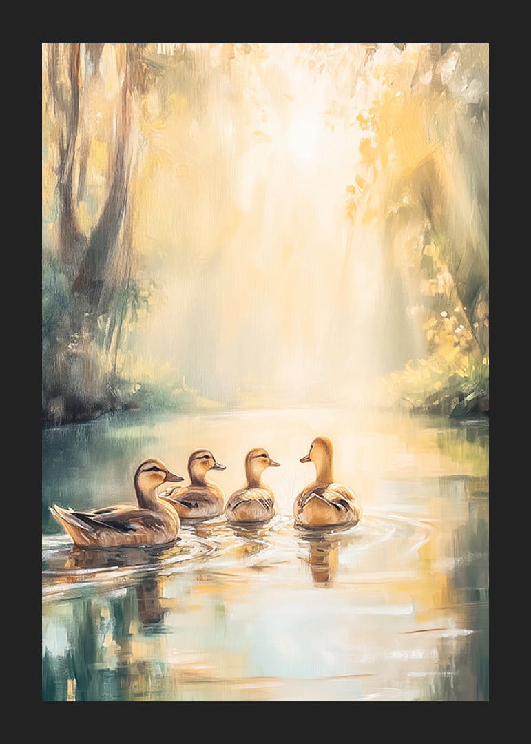 Four ducks swimming in a sunlit forest setting, oil painting style-12