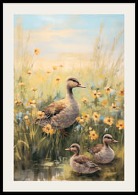 Olieverfschilderij van een moedereend met twee kuikens tussen gele weidebloemen-2