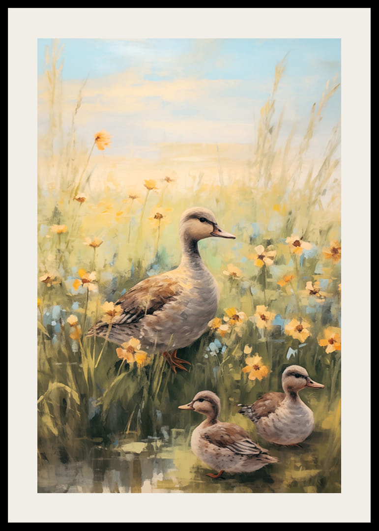 Olieverfschilderij van een moedereend met twee kuikens tussen gele weidebloemen-12