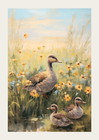 Olieverfschilderij van een moedereend met twee kuikens tussen gele weidebloemen-3