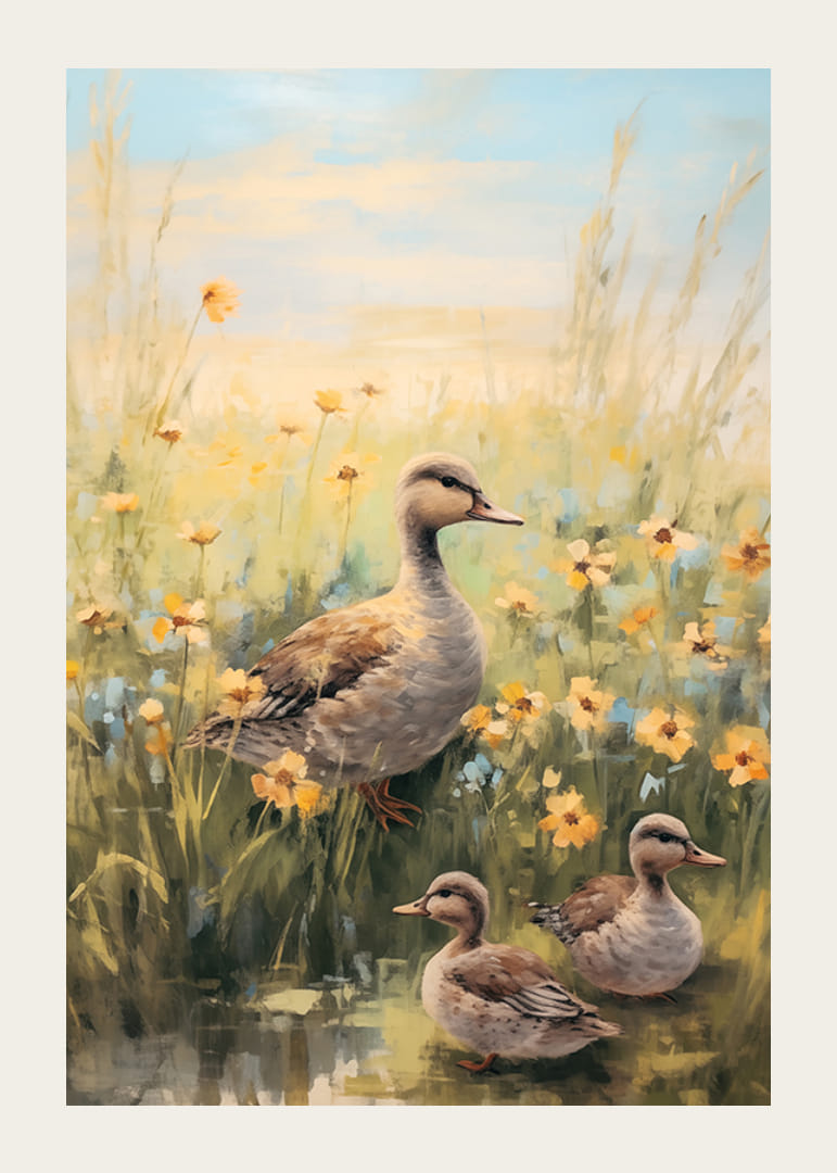 Olieverfschilderij van een moedereend met twee kuikens tussen gele weidebloemen-12