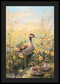 Olieverfschilderij van een moedereend met twee kuikens tussen gele weidebloemen-4