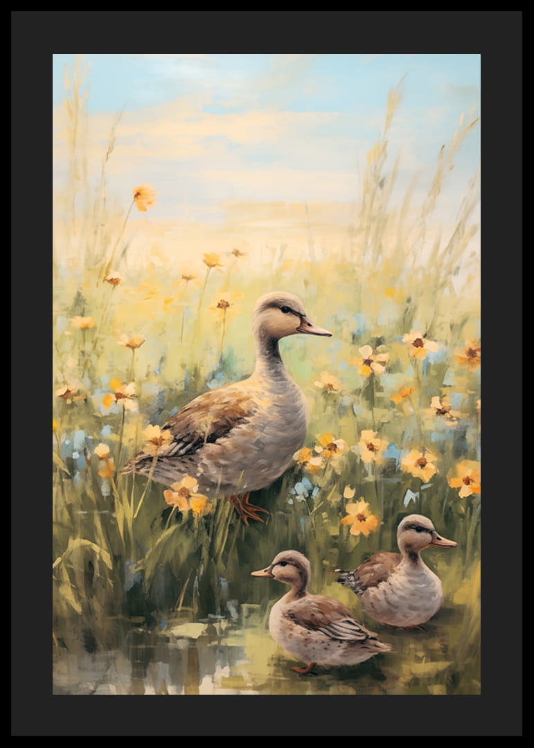 Olieverfschilderij van een moedereend met twee kuikens tussen gele weidebloemen-12