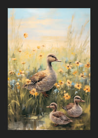 Olieverfschilderij van een moedereend met twee kuikens tussen gele weidebloemen-5