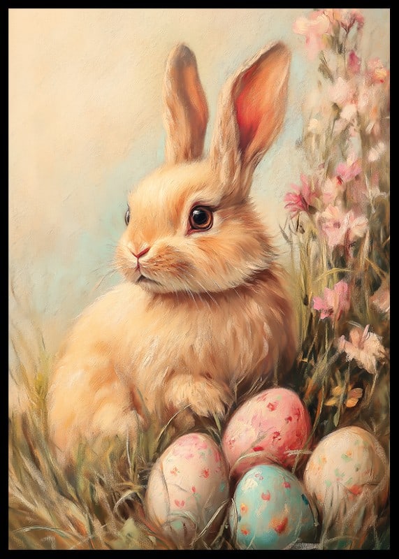 Illustrated rabbit with soft fur among pastel colored eggs-12