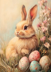 Illustrated rabbit with soft fur among pastel colored eggs-7