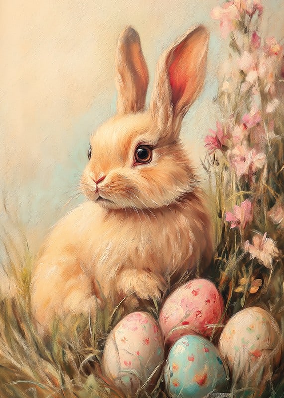 Illustrated rabbit with soft fur among pastel colored eggs-12