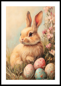 Illustrated rabbit with soft fur among pastel colored eggs-0