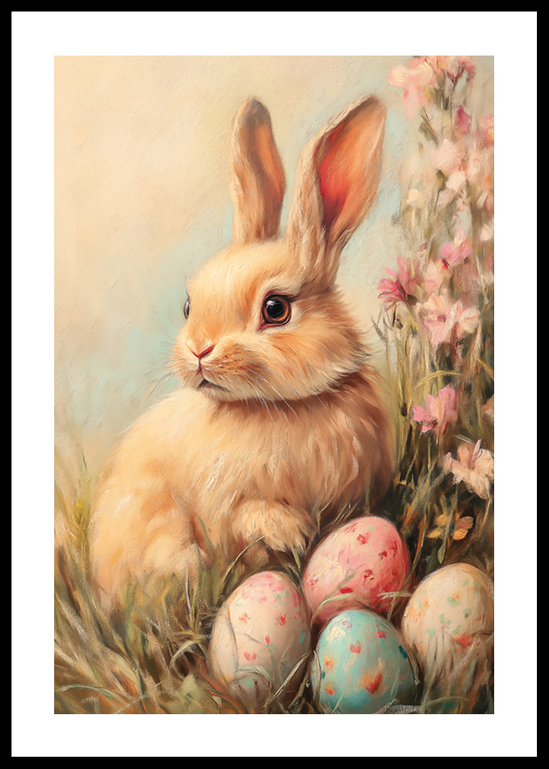 Illustrated rabbit with soft fur among pastel colored eggs-12