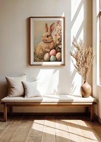 Illustrated rabbit with soft fur among pastel colored eggs-8