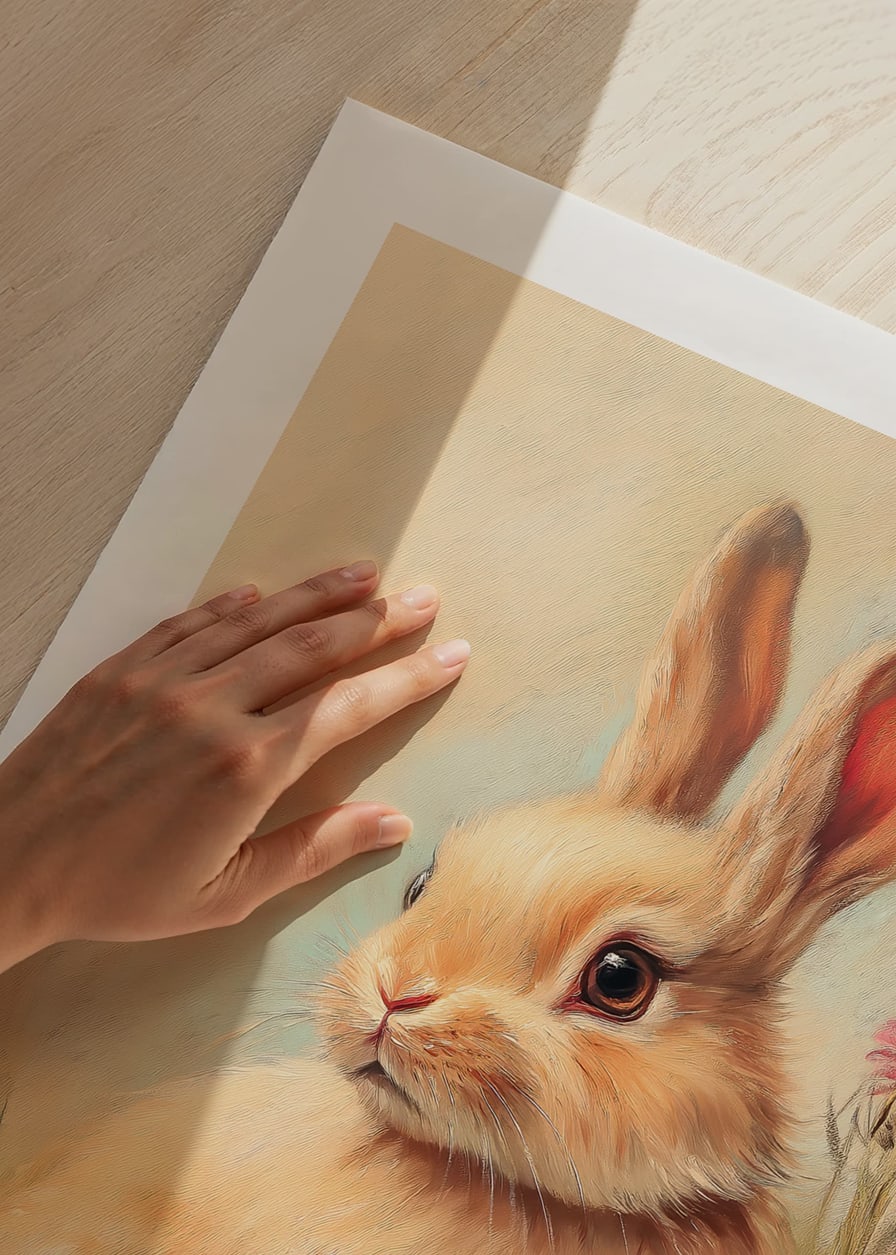 Illustrated rabbit with soft fur among pastel colored eggs-12