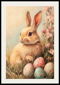 Illustrated rabbit with soft fur among pastel colored eggs-2
