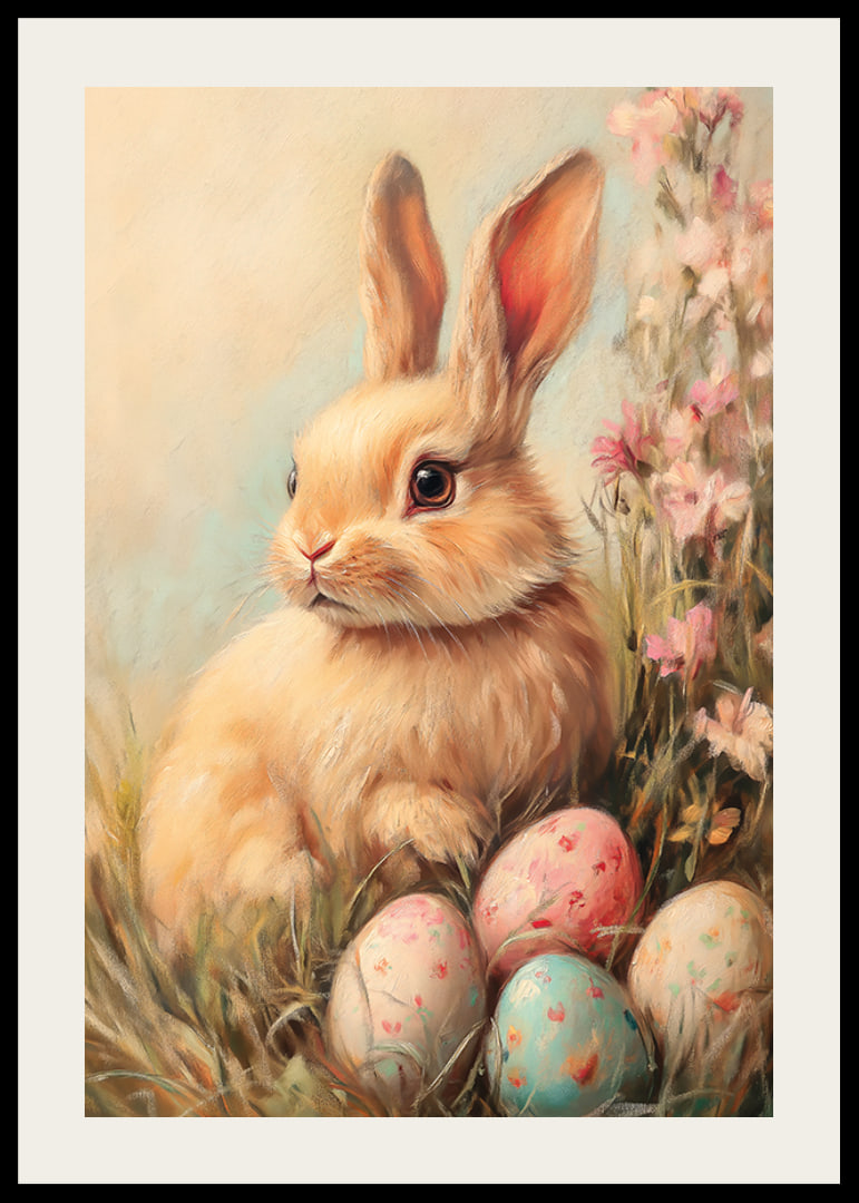 Illustrated rabbit with soft fur among pastel colored eggs-12