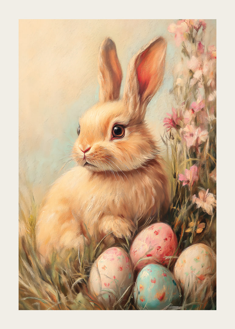 Illustrated rabbit with soft fur among pastel colored eggs-12