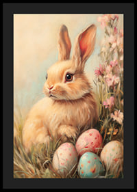 Illustrated rabbit with soft fur among pastel colored eggs-4