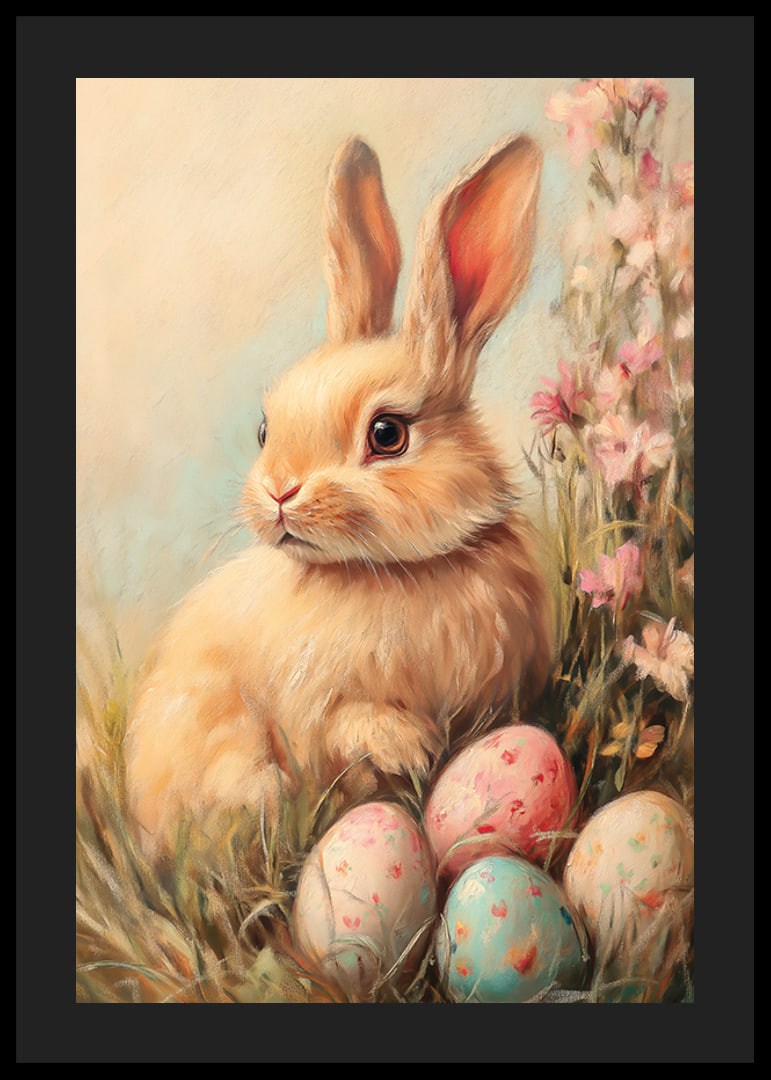 Illustrated rabbit with soft fur among pastel colored eggs-12