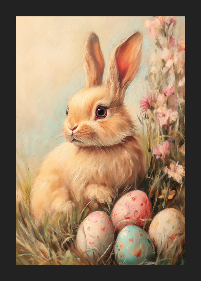 Illustrated rabbit with soft fur among pastel colored eggs-12
