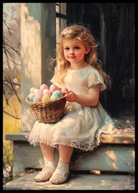 Oil painted girl with basket of pastel colored Easter eggs in sunshine-6