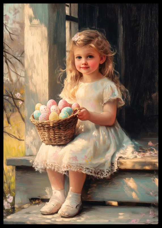 Oil painted girl with basket of pastel colored Easter eggs in sunshine-12
