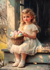 Oil painted girl with basket of pastel colored Easter eggs in sunshine-7