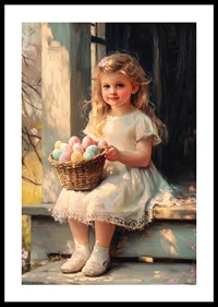 Oil painted girl with basket of pastel colored Easter eggs in sunshine-0